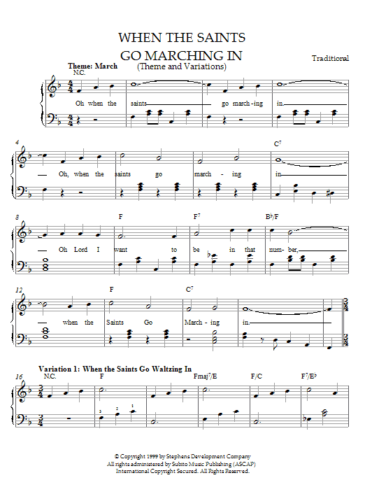 Traditional When The Saints Go Marching In (Theme and Variations) sheet music notes and chords. Download Printable PDF.
