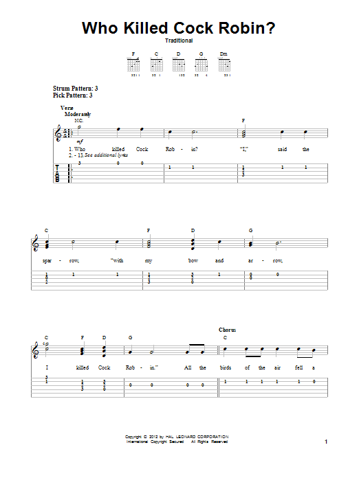Learn to play Traditional Who Killed Cock Robin? sheet music for Easy Guitar Tab in minutes. Traditional Who Killed Cock Robin? sheet music notes and chords. Download Printable PDF.