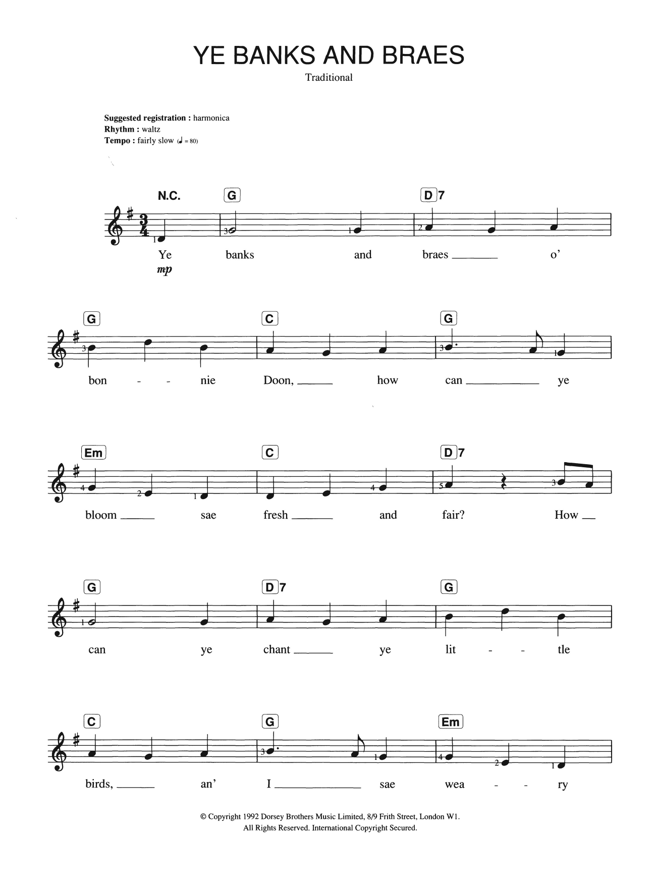 Traditional Ye Banks And Braes sheet music notes and chords. Download Printable PDF.