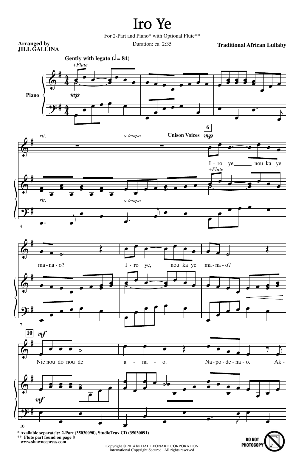 Traditional African Lullaby Iro Ye (arr. Jill Gallina) sheet music notes and chords. Download Printable PDF.