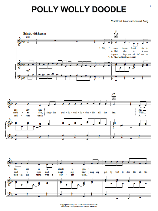 Learn to play Traditional American Minstrel Polly Wolly Doodle sheet music for Easy Lead Sheet / Fake Book in minutes. Price: 5.9900$ Traditional American Minstrel Polly Wolly Doodle sheet music notes and chords arranged for Easy Lead Sheet / Fake Book
