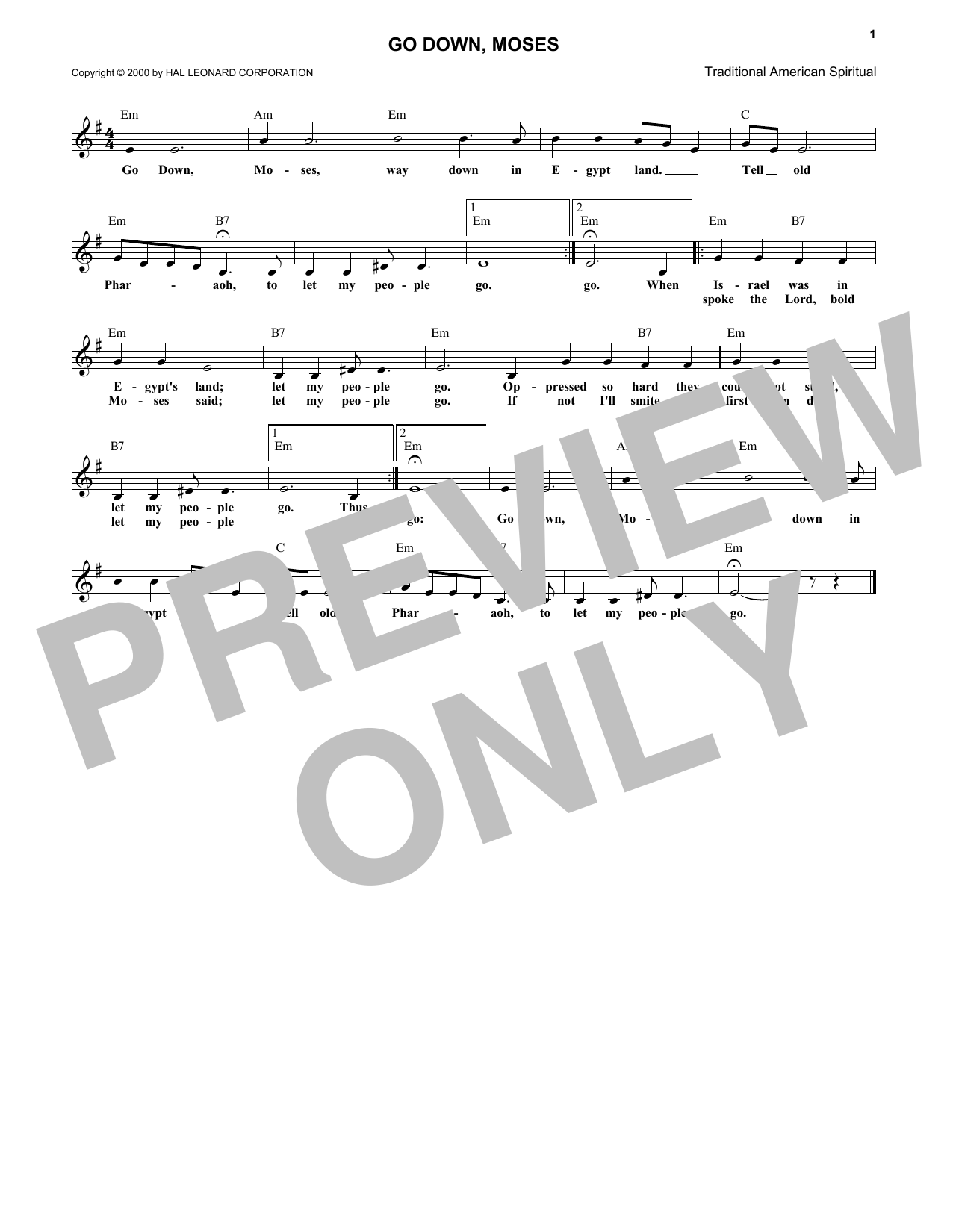 Learn to play African-American Spiritual Go Down Moses sheet music for Lead Sheet / Fake Book in minutes. Price: 5.9900$ African-American Spiritual Go Down Moses sheet music notes and chords arranged for Lead Sheet / Fake Book