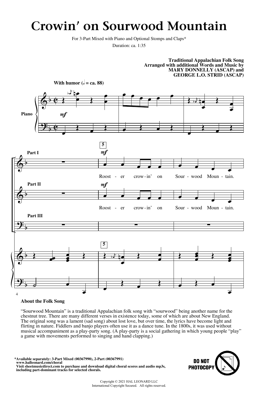 Learn to play Traditional Appalachian Folk Song Crowin' On Sourwood Mountain (arr. Mary Donnelly and George L.O. Strid) sheet music for 3-Part Mixed Choir in minutes. Price: 3.9900$ Traditional Appalachian Folk Song Crowin' On Sourwood Mountain (arr. Mary Donnelly and George L.O. Strid) sheet music notes and chords arranged for 3-Part Mixed Choir