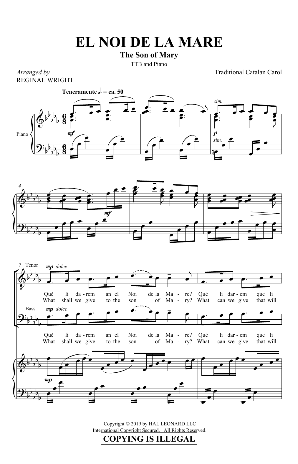 Learn to play Traditional Catalan Carol El Noi De La Mare (The Son of Mary) (arr. Reginal Wright) sheet music for TTBB Choir in minutes. Price: 3.9900$ Traditional Catalan Carol El Noi De La Mare (The Son of Mary) (arr. Reginal Wright) sheet music notes and chords arranged for TTBB Choir
