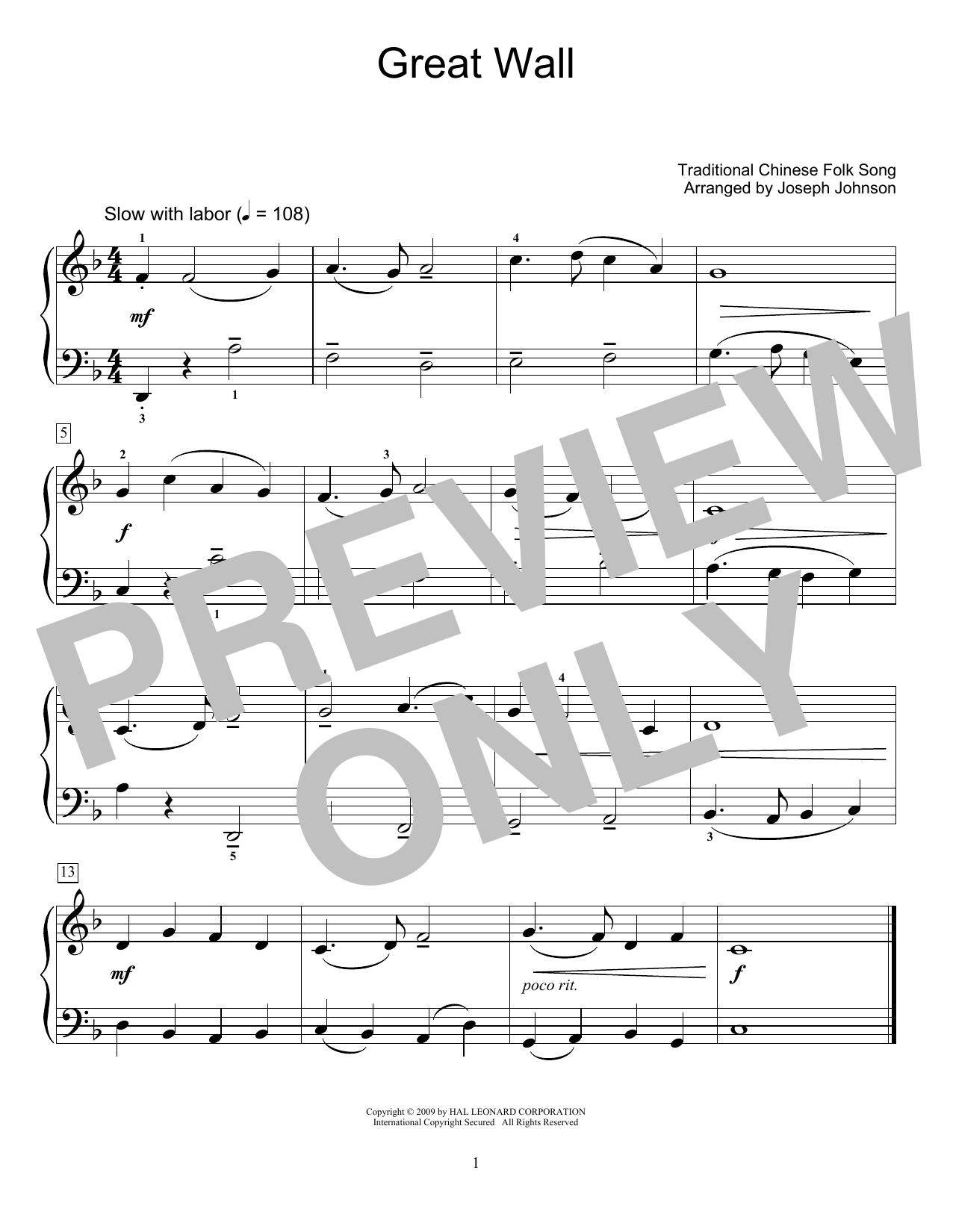 Learn to play Traditional Chinese Folk Song Great Wall (arr. Joseph Johnson) sheet music for Educational Piano in minutes. Price: 6.9900$ Traditional Chinese Folk Song Great Wall (arr. Joseph Johnson) sheet music notes and chords arranged for Educational Piano