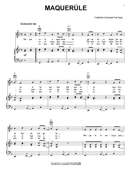 Traditional Columbian Folksong Maquerule sheet music notes and chords. Download Printable PDF.