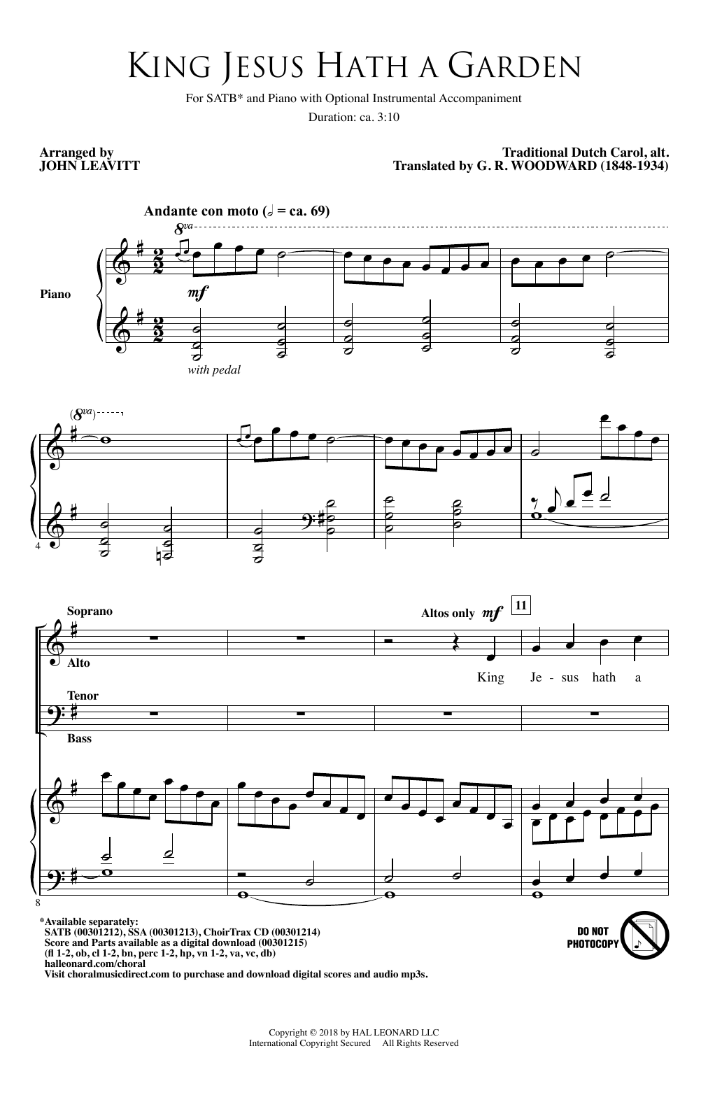 Learn to play Traditional Dutch Carol King Jesus Hath A Garden (arr. John Leavitt) sheet music for SSA Choir in minutes. Price: 3.9900$ Traditional Dutch Carol King Jesus Hath A Garden (arr. John Leavitt) sheet music notes and chords arranged for SSA Choir