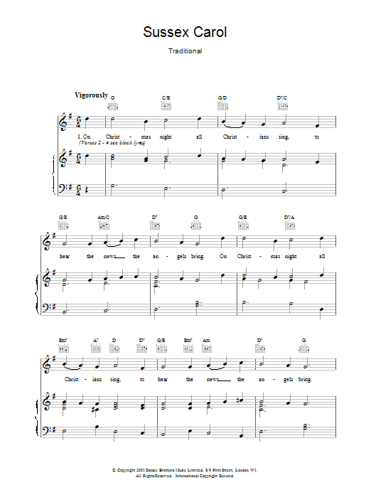 Christmas Carol Sussex Carol sheet music for Piano & Vocal in minutes. Price: 7.8900$ Christmas Carol Sussex Carol sheet music notes and chords. Download Printable PDF.
