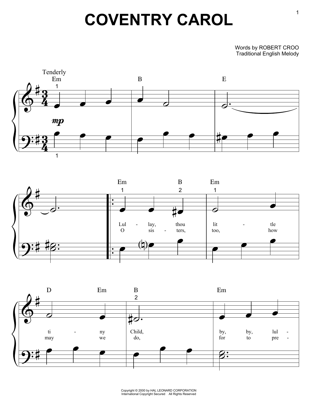 Traditional English Melody Coventry Carol sheet music notes and chords. Download Printable PDF.