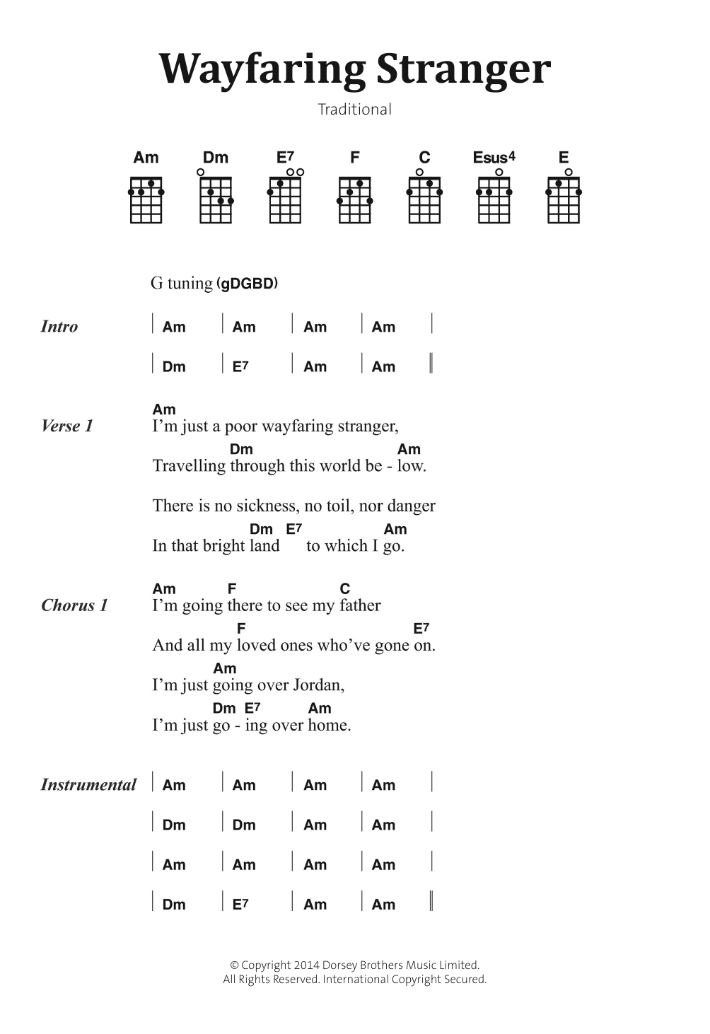 Traditional Folksong Wayfaring Stranger sheet music notes and chords. Download Printable PDF.