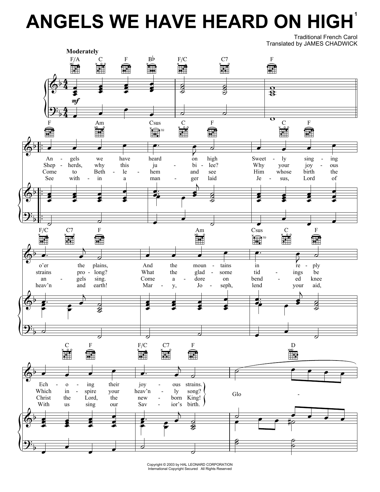 Christmas Carol Angels We Have Heard On High sheet music notes and chords. Download Printable PDF.