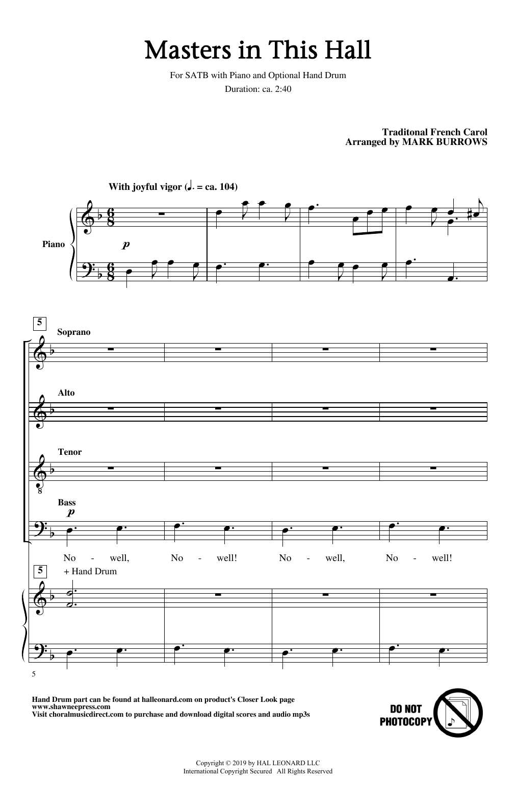 Learn to play Traditional French Carol Masters In This Hall (arr. Mark Burrows) sheet music for SATB Choir in minutes. Price: 3.9900$ Traditional French Carol Masters In This Hall (arr. Mark Burrows) sheet music notes and chords arranged for SATB Choir