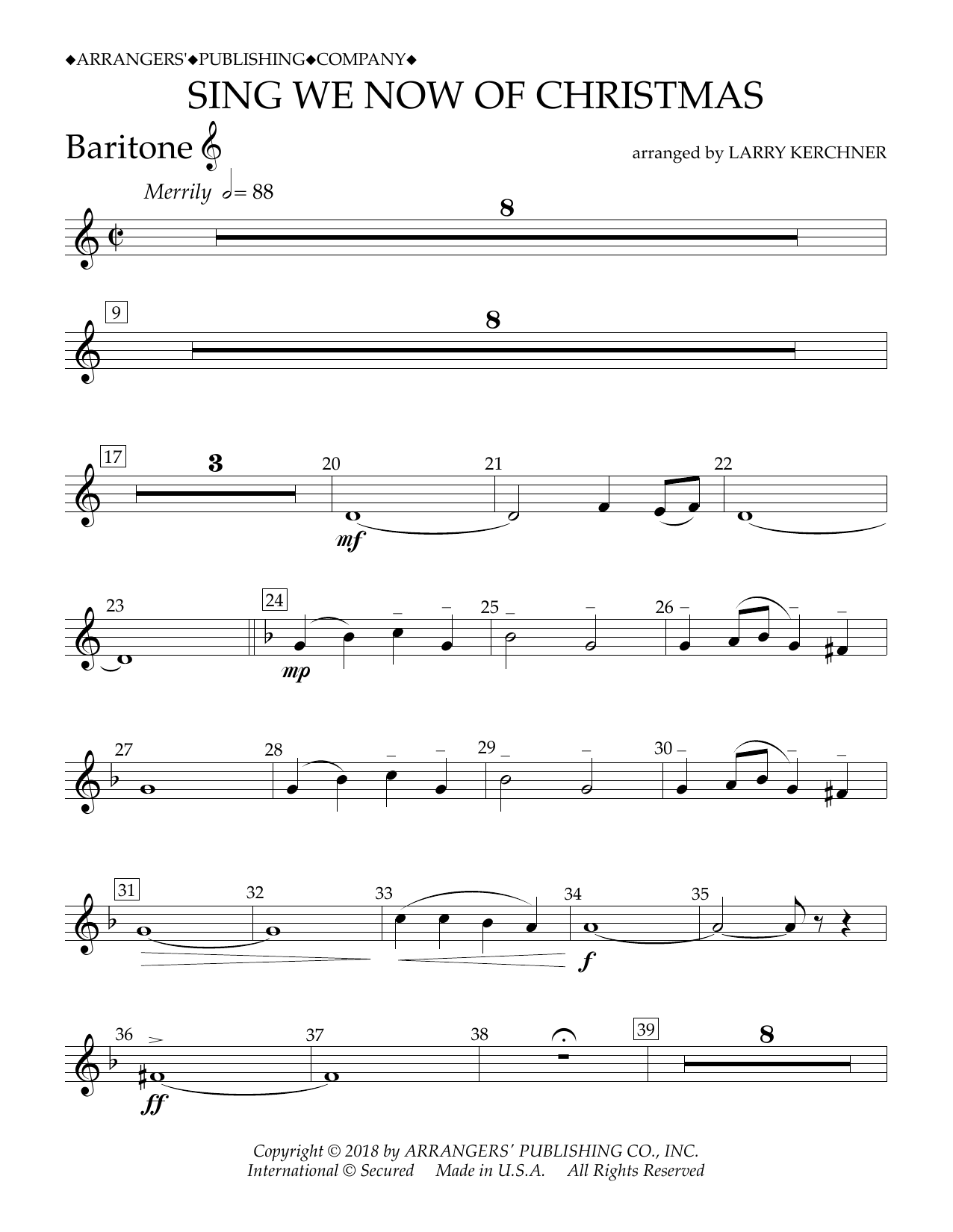 Traditional French Carol Sing We Now of Christmas (arr. Larry Kerchner) - Baritone T.C. sheet music notes and chords arranged for Concert Band