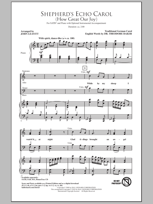Learn to play John Leavitt Shepherd's Echo Carol (How Great Our Joy) sheet music for SSA Choir in minutes. Price: 3.9900$ John Leavitt Shepherd's Echo Carol (How Great Our Joy) sheet music notes and chords arranged for SSA Choir
