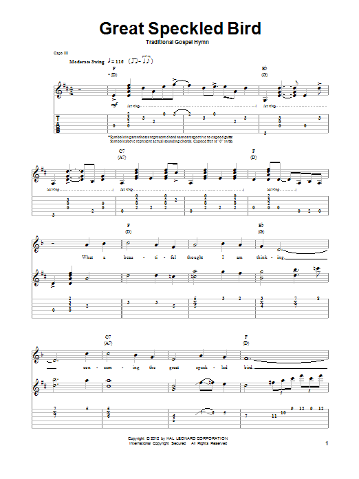 Learn to play Traditional Gospel Hymn Great Speckled Bird sheet music for Guitar Tab (Single Guitar) in minutes. Traditional Gospel Hymn Great Speckled Bird sheet music notes and chords