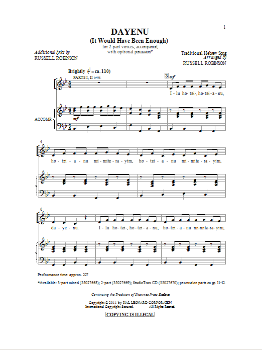 Learn to play Traditional Hebrew Melody Dayeinu (arr. Russell Robinson) sheet music for 3-Part Mixed Choir in minutes. Price: 3.9900$ Traditional Hebrew Melody Dayeinu (arr. Russell Robinson) sheet music notes and chords arranged for 3-Part Mixed Choir