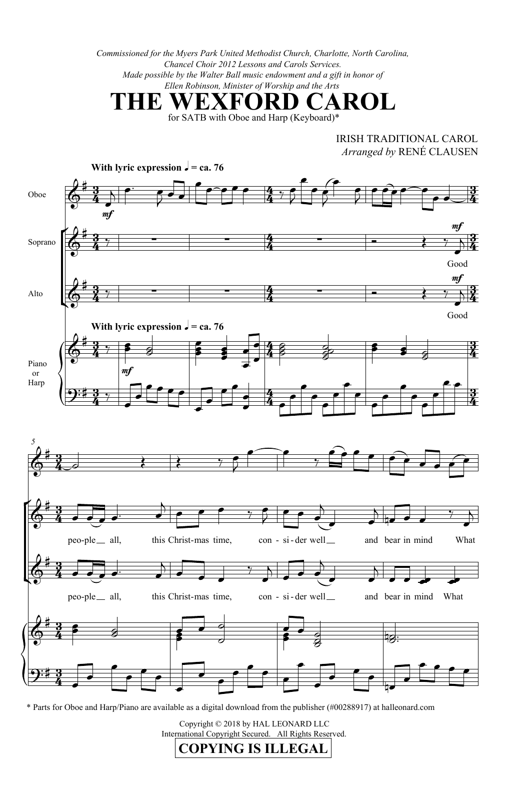 Learn to play Traditional Irish Carol The Wexford Carol (arr. Rene Clausen) sheet music for SATB Choir in minutes. Price: 3.9900$ Traditional Irish Carol The Wexford Carol (arr. Rene Clausen) sheet music notes and chords arranged for SATB Choir