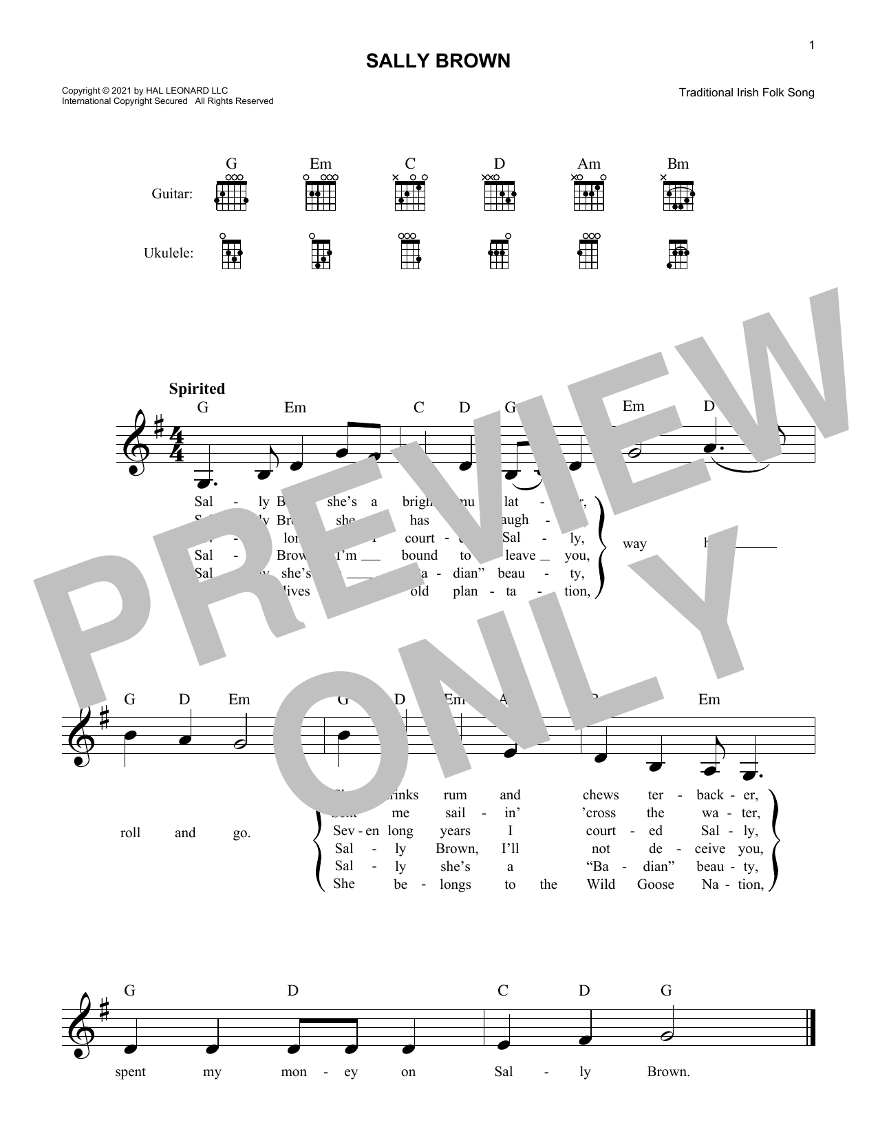 Learn to play Traditional Irish Folk Song Sally Brown sheet music for Lead Sheet / Fake Book in minutes. Price: 5.9900$ Traditional Irish Folk Song Sally Brown sheet music notes and chords arranged for Lead Sheet / Fake Book