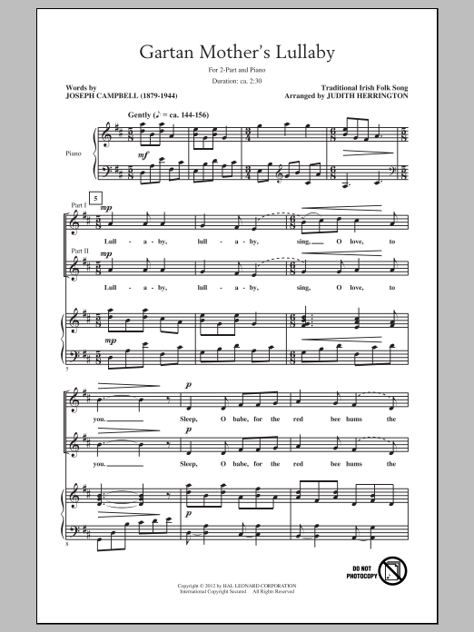 Learn to play Traditional Irish Folksong Gartan Mother's Lullaby (arr. Judith Herrington) sheet music for 2-Part Choir in minutes. Traditional Irish Folksong Gartan Mother's Lullaby (arr. Judith Herrington) sheet music notes and chords