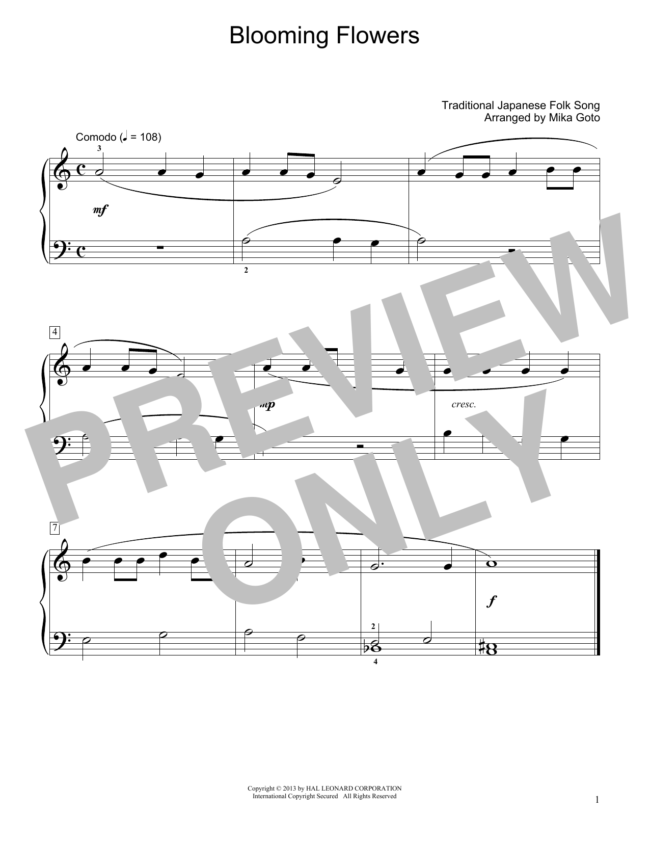 Learn to play Traditional Japanese Folk Song Blooming Flowers (arr. Mika Goto) sheet music for Educational Piano in minutes. Price: 6.9900$ Traditional Japanese Folk Song Blooming Flowers (arr. Mika Goto) sheet music notes and chords arranged for Educational Piano