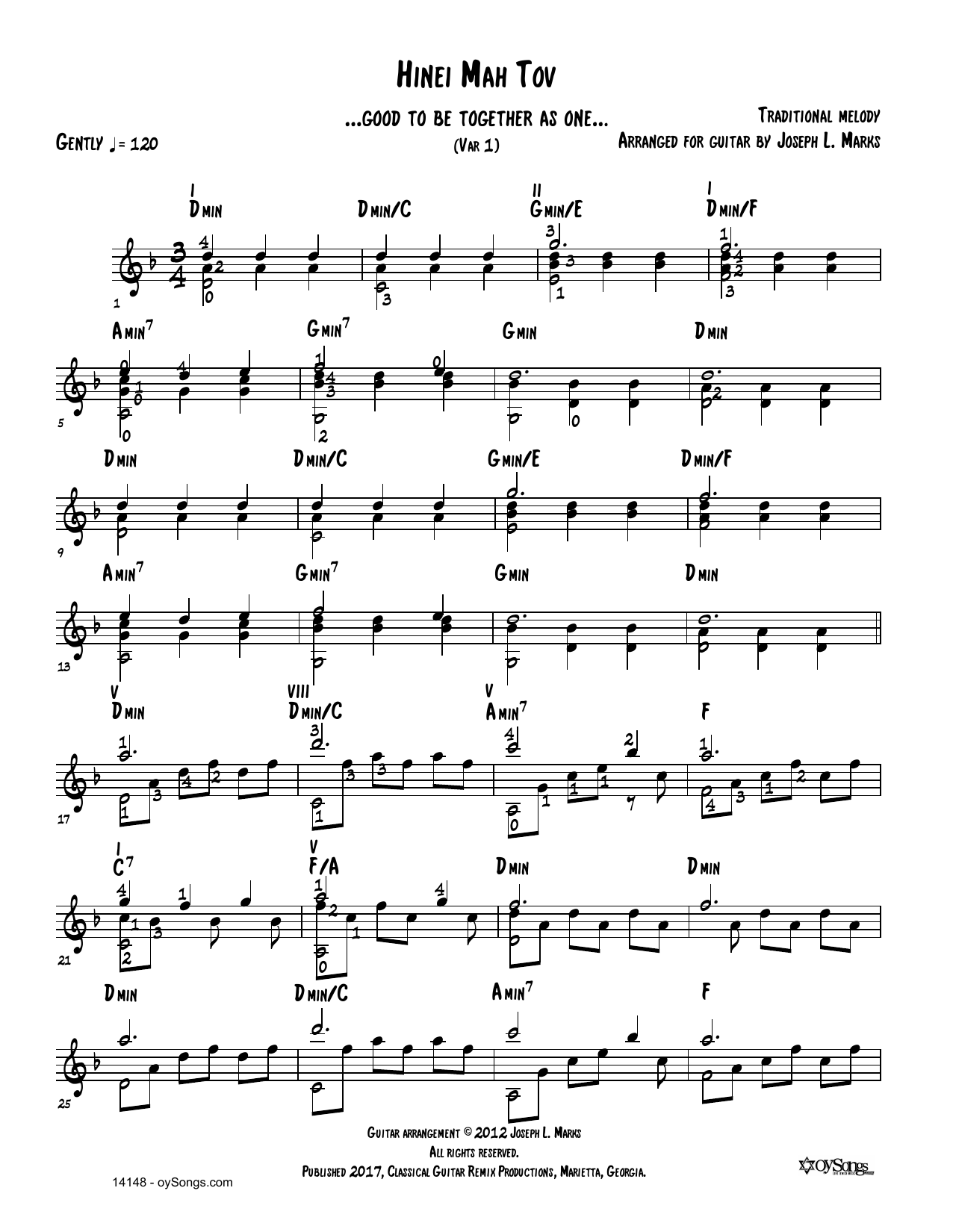Learn to play Traditional Melody Hinei Mah Tov Var 1 (arr. Joe Marks) sheet music for Solo Guitar Tab in minutes. Traditional Melody Hinei Mah Tov Var 1 (arr. Joe Marks) sheet music notes and chords. Download Printable PDF.