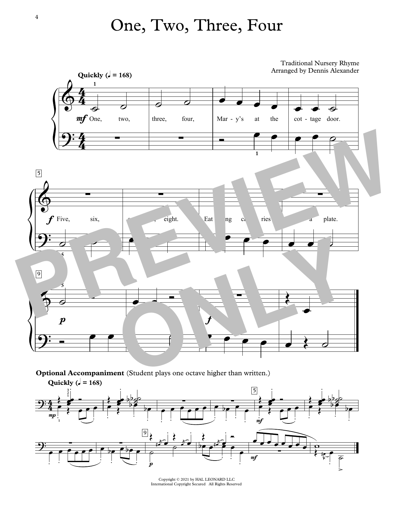 Learn to play Traditional Nursery Rhyme One, Two, Three, Four sheet music for Educational Piano in minutes. Price: 6.9900$ Traditional Nursery Rhyme One, Two, Three, Four sheet music notes and chords arranged for Educational Piano