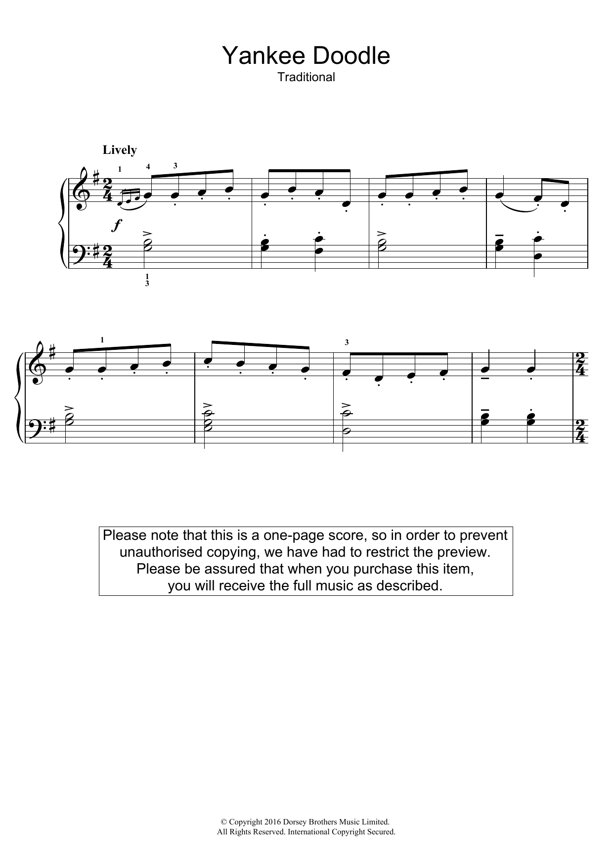 Traditional Nursery Rhyme Yankee Doodle sheet music notes and chords. Download Printable PDF.