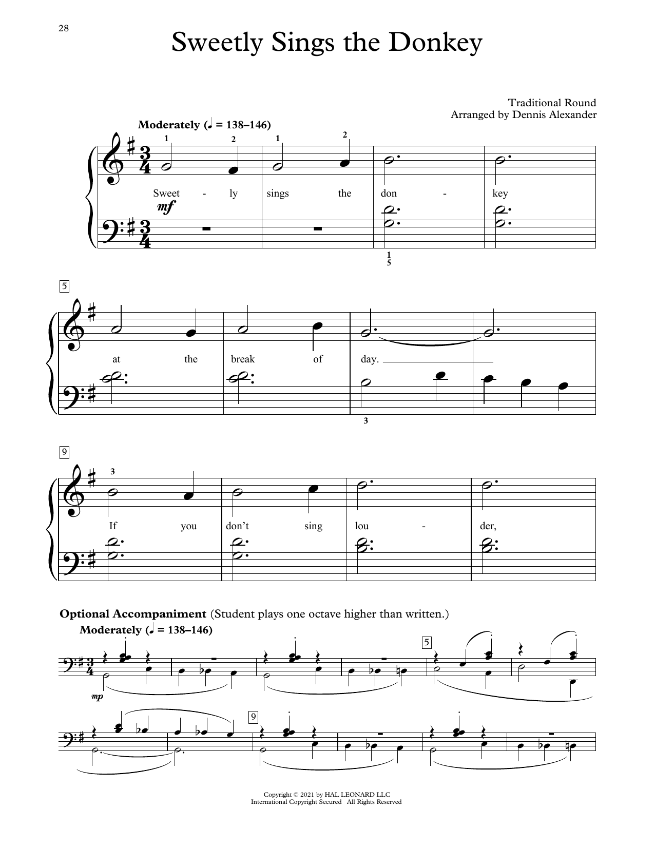 Learn to play Traditional Round Sweetly Sings The Donkey (arr. Dennis Alexander) sheet music for Educational Piano in minutes. Price: 6.9900$ Traditional Round Sweetly Sings The Donkey (arr. Dennis Alexander) sheet music notes and chords arranged for Educational Piano