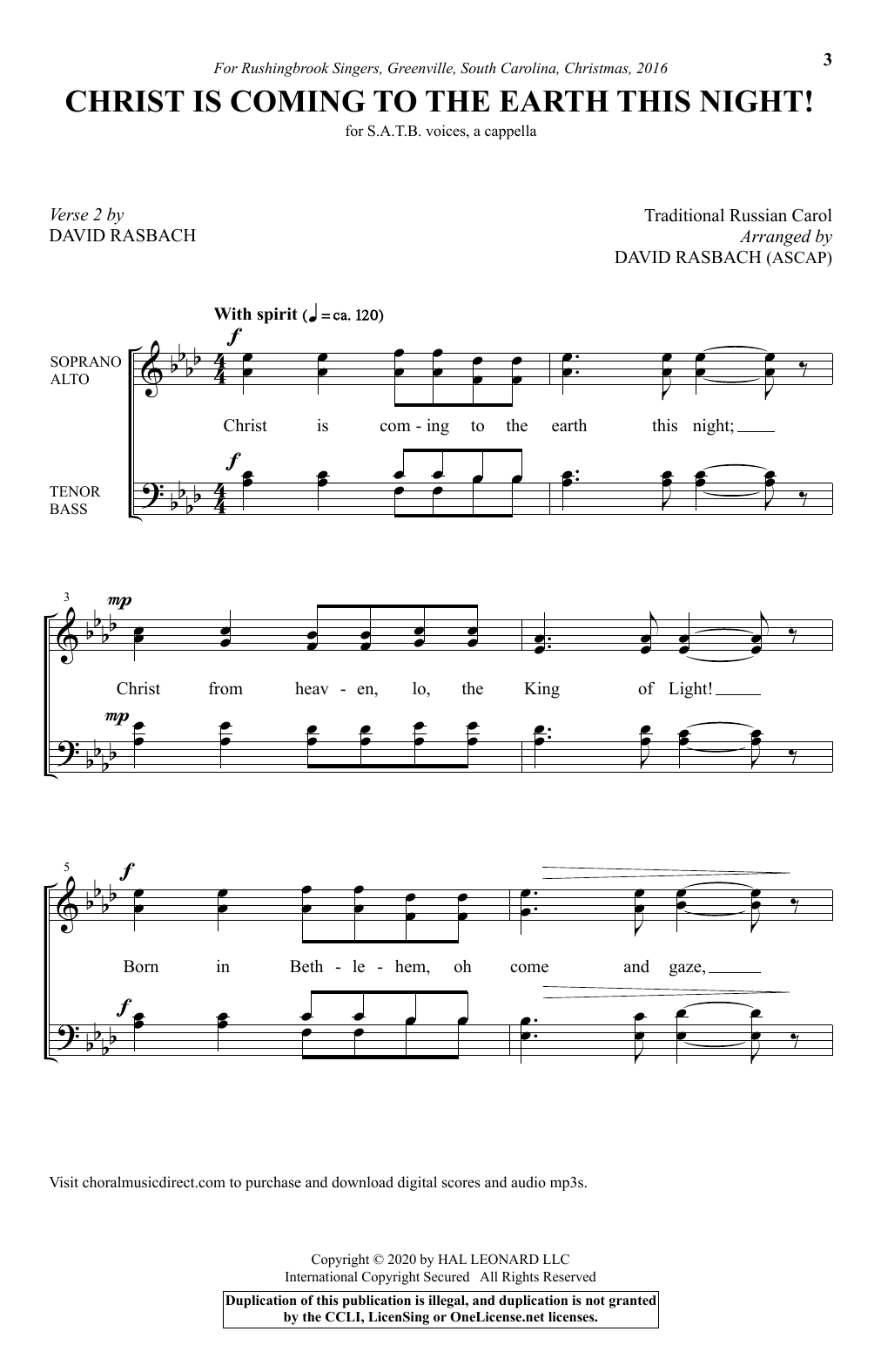 Learn to play Traditional Russian Carol Christ Is Coming To The Earth This Night! (arr. David Rasbach) sheet music for SATB Choir in minutes. Price: 3.9900$ Traditional Russian Carol Christ Is Coming To The Earth This Night! (arr. David Rasbach) sheet music notes and chords arranged for SATB Choir