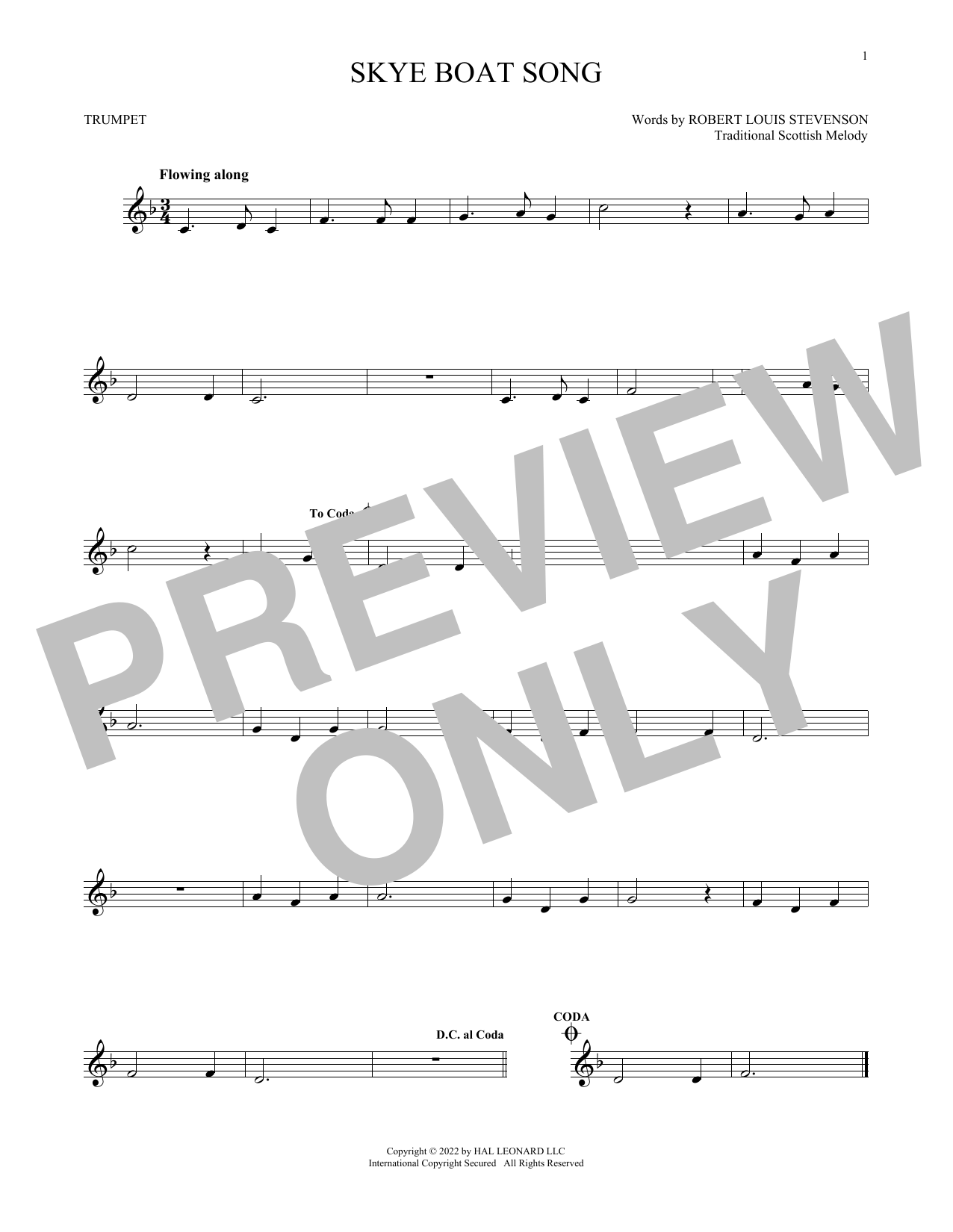 Traditional Scottish Skye Boat Song sheet music notes and chords. Download Printable PDF.