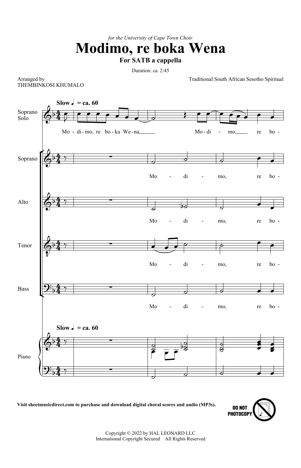 Learn to play Traditional South African Folk Song Modimo, re boka Wena (arr. Thembinkosi Khumalo) sheet music for SATB Choir in minutes. Price: 3.9900$ Traditional South African Folk Song Modimo, re boka Wena (arr. Thembinkosi Khumalo) sheet music notes and chords arranged for SATB Choir