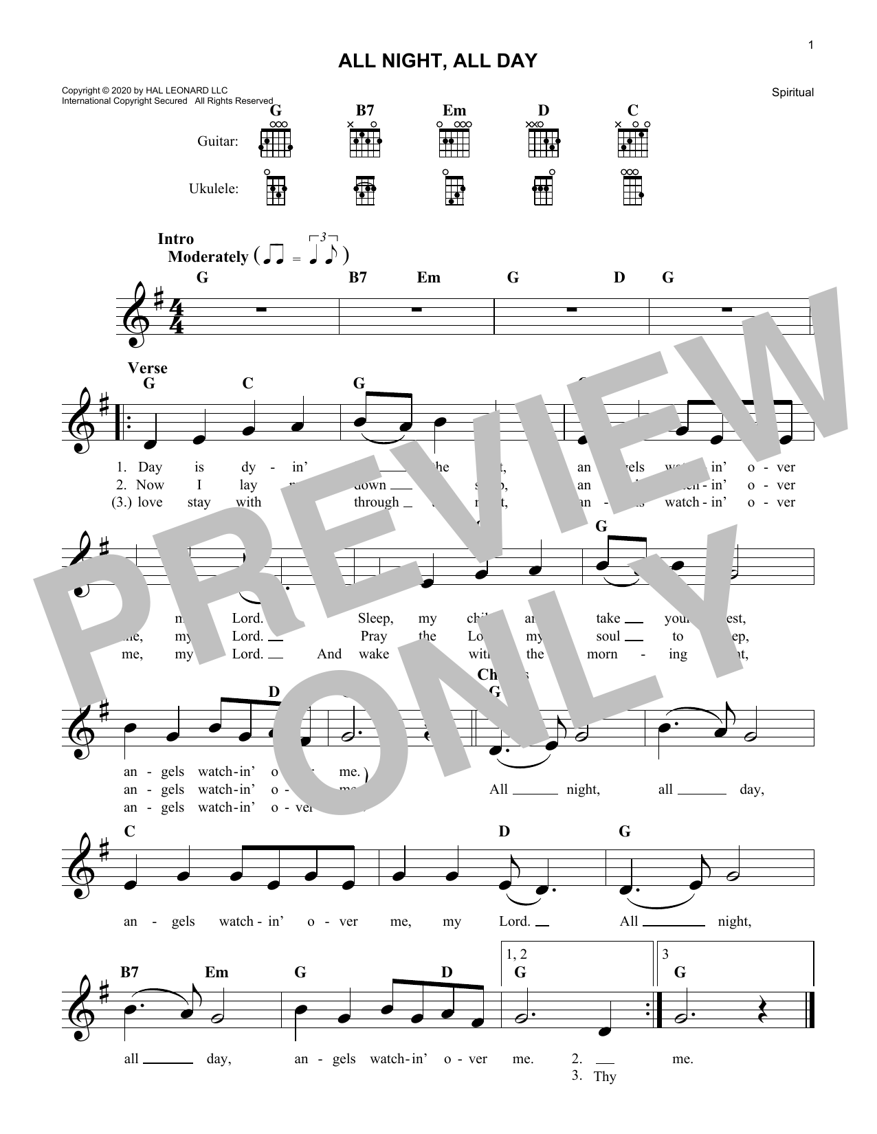 Learn to play Traditional Spiritual All Night, All Day sheet music for Lead Sheet / Fake Book in minutes. Price: 5.9900$ Traditional Spiritual All Night, All Day sheet music notes and chords arranged for Lead Sheet / Fake Book