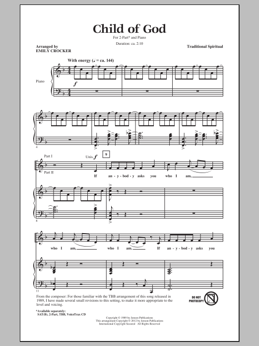Learn to play Traditional Spiritual Child Of God (arr. Emily Crocker) sheet music for TBB Choir in minutes. Price: 3.9900$ Traditional Spiritual Child Of God (arr. Emily Crocker) sheet music notes and chords arranged for TBB Choir