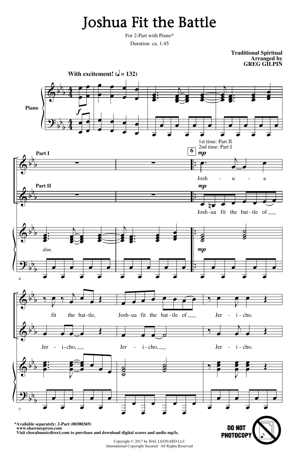 Traditional Spiritual Joshua Fit The Battle Arr Greg Gilpin Sheet Music Pdf Notes Chords Collection Score 2 Part Choir Download Printable Sku 429577