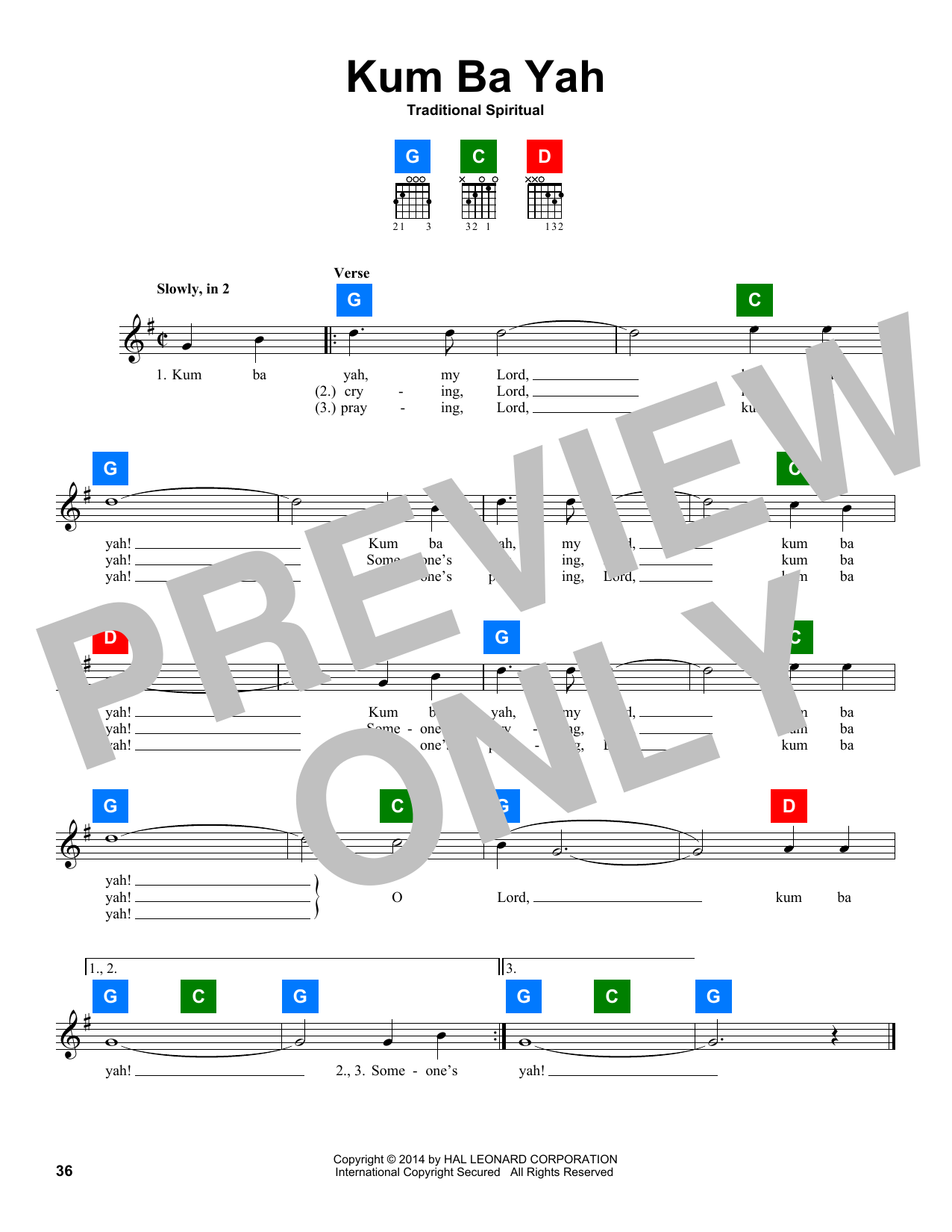 Traditional Spiritual Kum Ba Yah sheet music notes and chords. Download Printable PDF.