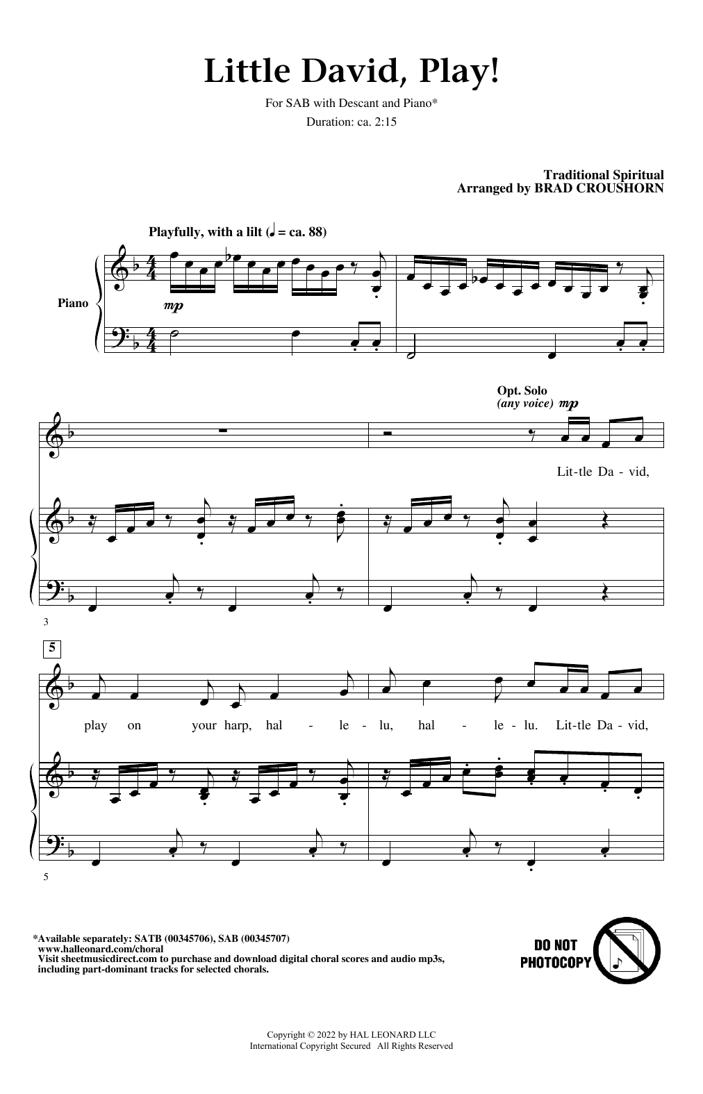 Learn to play Traditional Spiritual Little David, Play! (arr. Brad Croushorn) sheet music for SATB Choir in minutes. Price: 3.9900$ Traditional Spiritual Little David, Play! (arr. Brad Croushorn) sheet music notes and chords arranged for SATB Choir