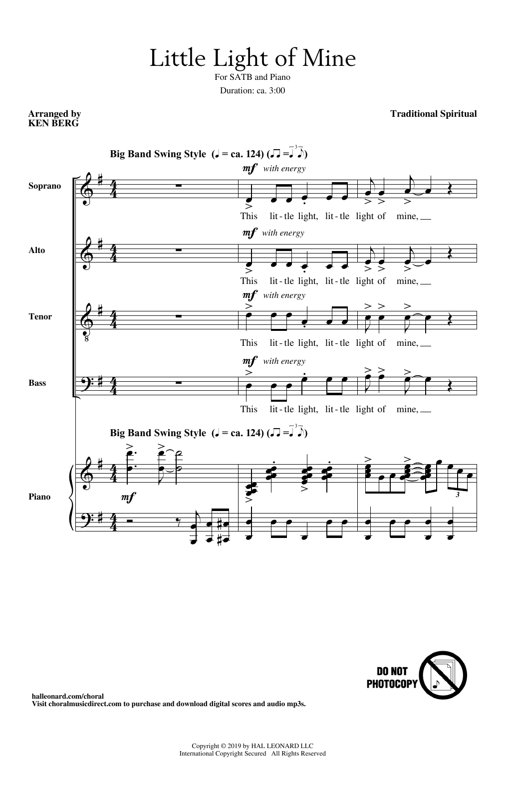 Traditional Spiritual Little Light Of Mine Arr Ken Berg Sheet Music Pdf Notes Chords Concert Score Satb Choir Download Printable Sku 428462