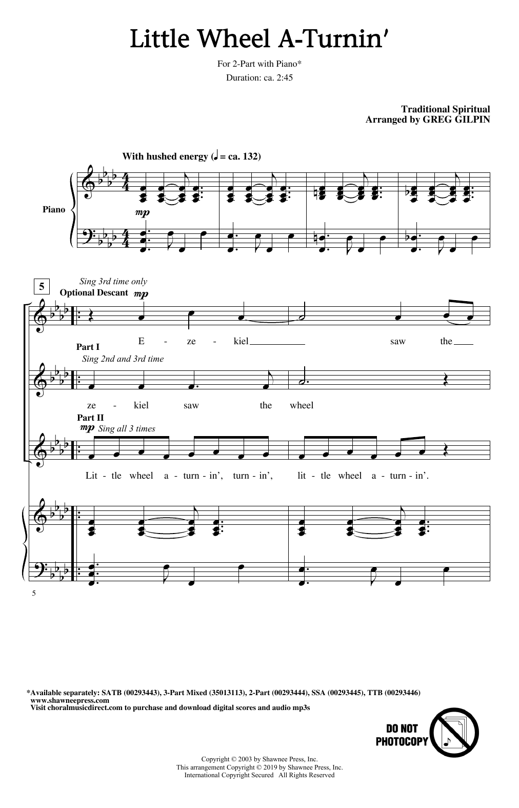 Learn to play Traditional Spiritual Little Wheel A-Turnin' (arr. Greg Gilpin) sheet music for 3-Part Mixed Choir in minutes. Price: 3.9900$ Traditional Spiritual Little Wheel A-Turnin' (arr. Greg Gilpin) sheet music notes and chords arranged for 3-Part Mixed Choir