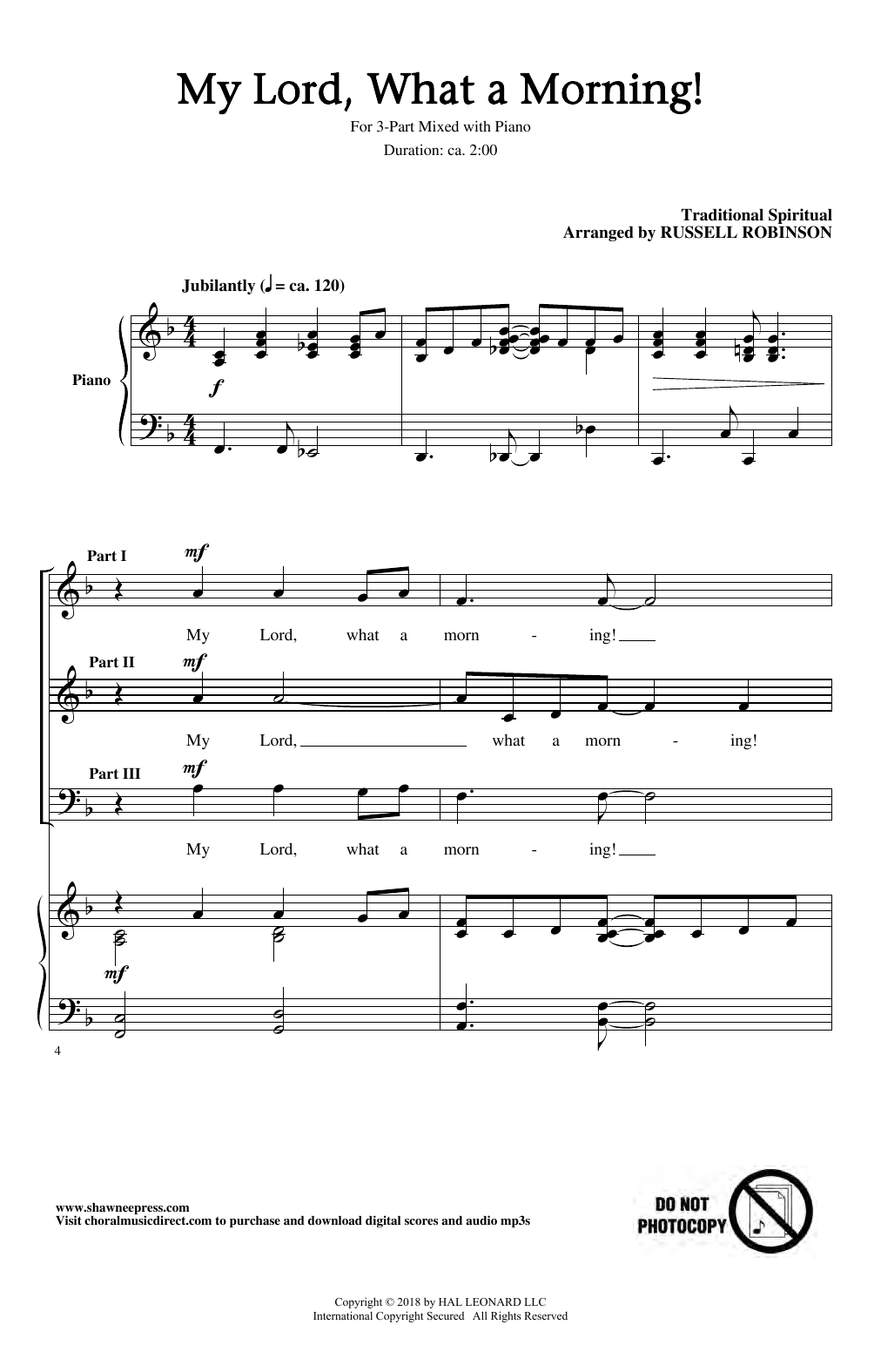 Learn to play Traditional Spiritual My Lord, What A Morning (arr. Russell Robinson) sheet music for 3-Part Mixed Choir in minutes. Price: 3.9900$ Traditional Spiritual My Lord, What A Morning (arr. Russell Robinson) sheet music notes and chords arranged for 3-Part Mixed Choir