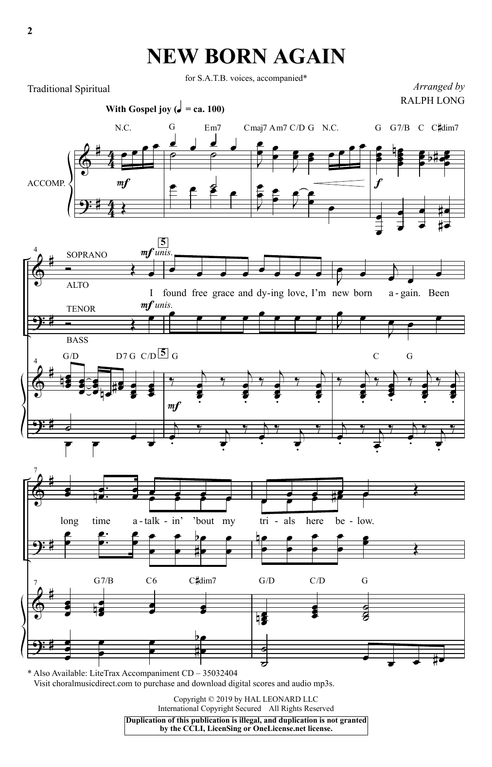 Learn to play Traditional Spiritual New Born Again (arr. Ralph Long) sheet music for SATB Choir in minutes. Price: 3.9900$ Traditional Spiritual New Born Again (arr. Ralph Long) sheet music notes and chords arranged for SATB Choir