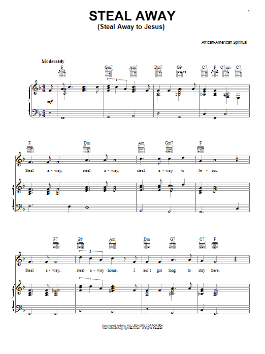 Learn to play African-American Spiritual Steal Away (Steal Away To Jesus) sheet music for Piano Solo in minutes. African-American Spiritual Steal Away (Steal Away To Jesus) sheet music notes and chords. Download Printable PDF.