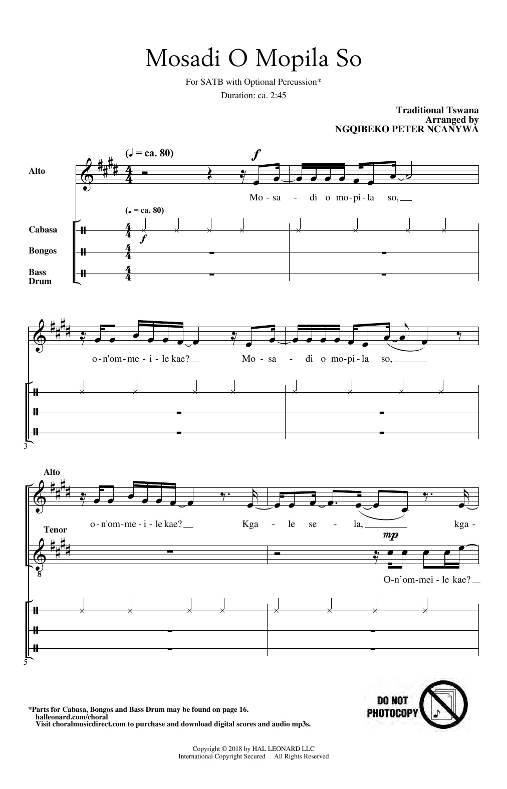 Learn to play Traditional Tswana Mosadi O Moplisa So (arr. Peter Ncanywa) sheet music for SATB Choir in minutes. Price: 3.9900$ Traditional Tswana Mosadi O Moplisa So (arr. Peter Ncanywa) sheet music notes and chords arranged for SATB Choir