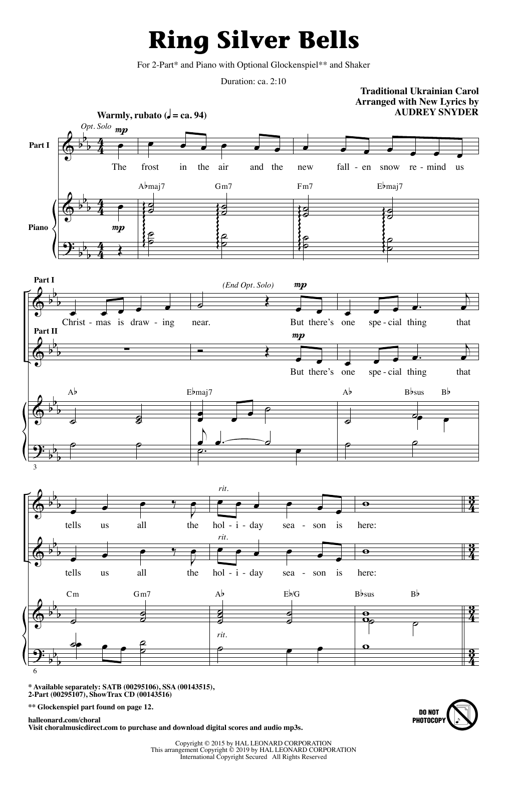 Learn to play Traditional Ukrainian Carol Ring Silver Bells (arr. Audrey Snyder) sheet music for 2-Part Choir in minutes. Price: 3.9900$ Traditional Ukrainian Carol Ring Silver Bells (arr. Audrey Snyder) sheet music notes and chords arranged for 2-Part Choir