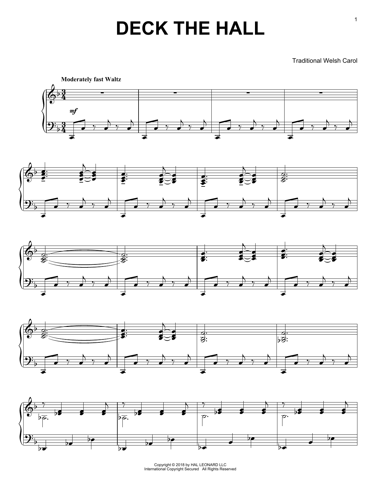 Traditional Welsh Carol Deck The Hall [Jazz version] sheet music notes and chords arranged for Piano Solo