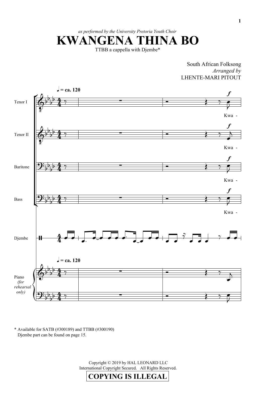Traditional Xhosa Folk Song Kwangena Thina Bo Arr Lhente Mari Pitout Sheet Music Pdf Notes Chords Concert Score Ttbb Choir Download Printable Sku 416321