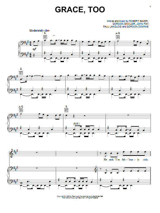 Tragically Hip Grace Too Sheet Music Pdf Notes Chords Rock Score Piano Vocal Guitar Right Hand Melody Download Printable Sku 23849