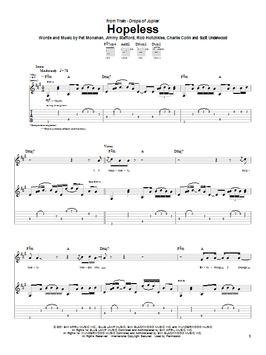 Train Hopeless sheet music notes and chords. Download Printable PDF.