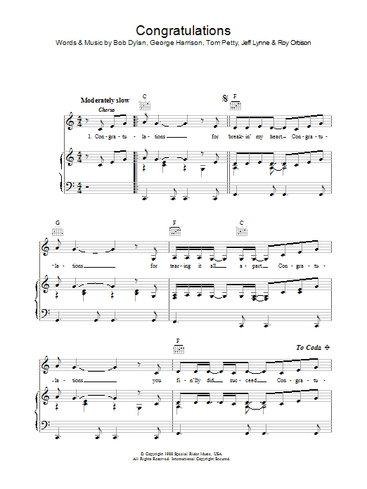 Bob Dylan Congratulations sheet music notes and chords arranged for Piano, Vocal & Guitar Chords