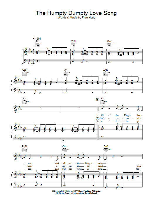 Learn to play Travis The Humpty Dumpty Love Song sheet music for Guitar Tab in minutes. Travis The Humpty Dumpty Love Song sheet music notes and chords. Download Printable PDF.