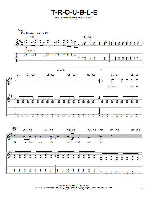 Travis Tritt T-R-O-U-B-L-E sheet music notes and chords. Download Printable PDF.